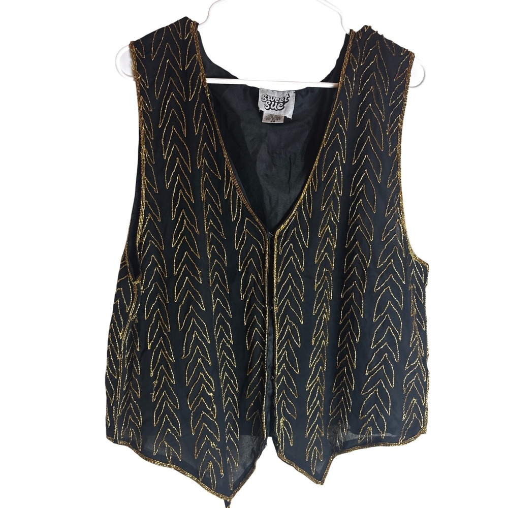 Sweet Sue Vintage Black Silk Gold Beaded Chevron Vest Plus Size 20 Evening Glam